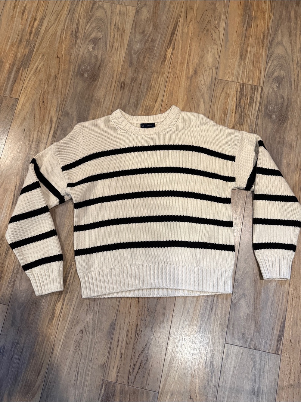 GAP Cream and Black Striped Crewneck Sweater